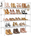 4 Tier Shoe Rack for Closet Shoe Organizer with 5 Hooks, Long Shoe Shelf Storage for Shoe and Boot Stackable Free Standing Shoe Rack for Entryway, Garage, Small Spaces, Dorm, White