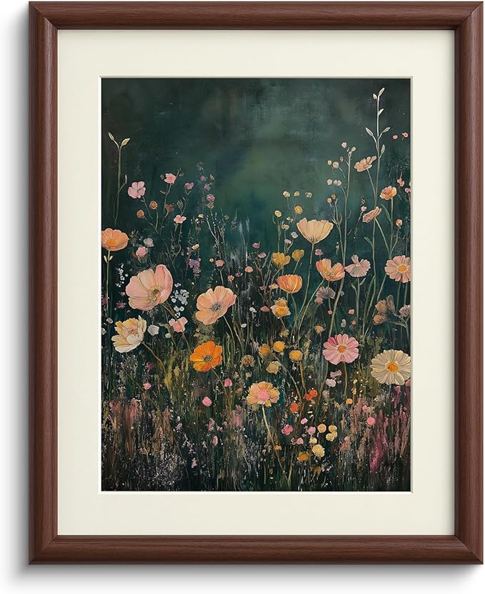 InSimSea Brown Framed Canvas Wall Art, Bedroom Small Vintage Art,11x14in, Retro Wildflower Paintings Prints, Country Floral Shelf Decor for Living Dining Room Hallway, Anti-dust(with acrylic panel)