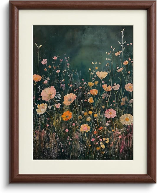 InSimSea Brown Framed Canvas Wall Art, Bedroom Small Vintage Art,11x14in, Retro Wildflower Paintings Prints, Country Floral Shelf Decor for Living Dining Room Hallway, Anti-dust(with acrylic panel)