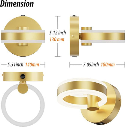 LED Wall Sconces with ON/Off Switch, Gold Rotatable Hardwired Wall Light Fixtures, Built in USB Charging Port, Modern Wall Decor for Bed Lighting.