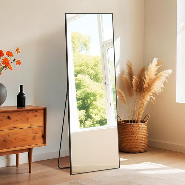 OLIXIS Full Length Mirror 59"x16.3" for Bedroom, Full Body Mirror with Stand, Hanging or Leaning for Wall, Aluminum Alloy Thin Frame Floor Standing for Living Room, Long, Black