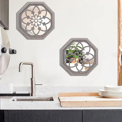 2 PCS Octagon Wall-Mounted Mirrors,Vintage Farmhouse Mirror for Wall Decor,Barn Wood Color Decorative Accent Mirror for Foyer, Bathroom, Bedroom. (12”x12”)