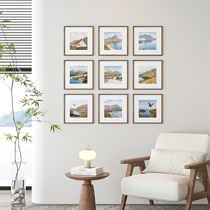 12x12 Picture Frame Set of 9, Display Pictures 8x8 with Mat or 12x12 without Mat, Multi Collage Gallery Square Photo Frames for Wall or Tabletop,Light Brown