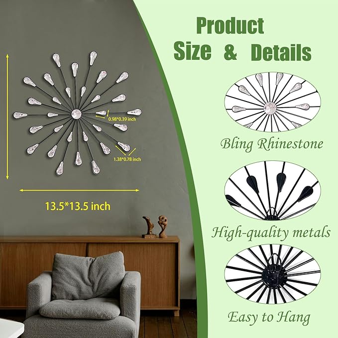 ZEXUIRU 3 Pack Black Sunburst Wall Decor – Metal Crystal Wall Art with Sparkling Rhinestones, 14’’/18 Inch Starburst Wall Hanging Set for Living Room Bedroom Bathroom – Modern Bling Home Decorations