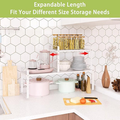 Expandable Cabinet Shelf Organizer Rack, Stackable Kitchen Counter Storage Shelves Stand, Adjustable Height Pantry Shelf Spice Rack