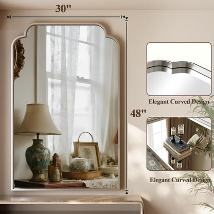 GLSLAND 30"x48" Petal Arch Bathroom Mirror – Modern Metal Frame Vanity Mirror with Scalloped Edge for Over Sink, Bedroom, Living Room, Entryway, Non-Rusting Decorative Wall Mirror, Silver