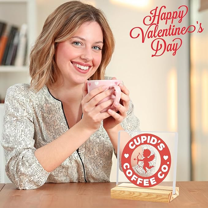 Valentines Coffee Desk Decor, Valentine's Day Gifts for Lover Bar Station, Valentine Home Office Table Sign for Kitchen Shelf Tiered Tray, Cafe Tabletop Decoration to Couples, Cupids Coffee Co