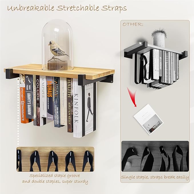 2 Set of Floating Bookshelf, Pine Wood Invisible Bookshelf, Hanging Bookshelves for Wall, Unique Space Saving Wall Bookcase (16.5L×8.7W×1.5H)