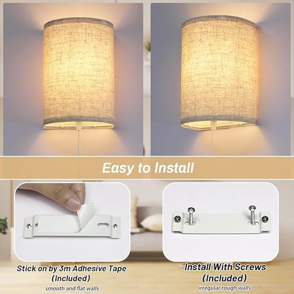Wall Sconce Light Plug in, Dimmable Sconces Wall Decor Set of 2, Stick on Wall Lights for Bedroom Living Room Hallway, Plug in Wall Sconces with Remote, LED Bulbs Included