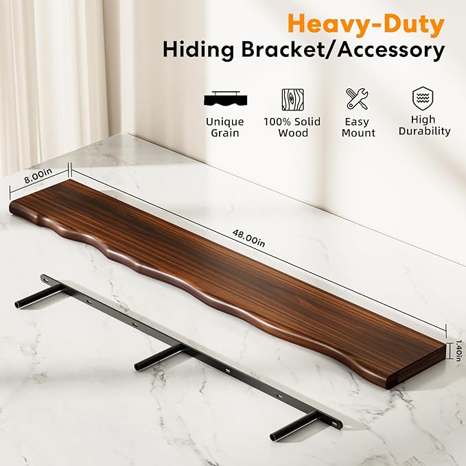 Floating Shelves for Wall Rustic Farmhouse 48 Inch Floating Shelf Bathroom Wooden Shelves for Wall Mounted Live Edge Pine Shelf with Unique Natural Grain for Living Room Bedroom Kitchen (Walnut)