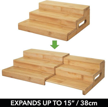 mDesign Bamboo Adjustable, Expandable Spice Rack Organizer with 3 Levels Storage for Kitchen Cabinet, Countertop, Pantry Shelf - Holds Spice Jars - Echo Collection - Natural