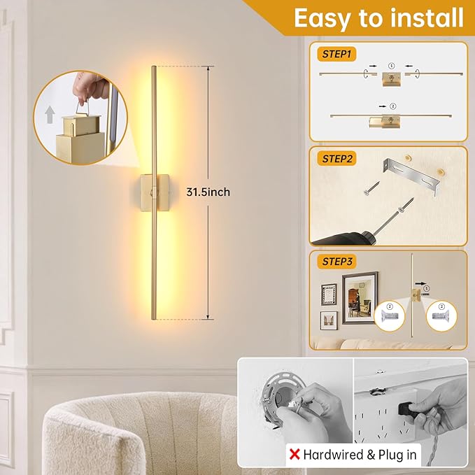 Battery Operated Wall Sconce Set of 2, 10000mAh Rechargeable Wall Sconces with Detachable Battery, Indoor 350°Rotate Wall Lights for Bedroom Living Room, Gold, 31.5 Inch