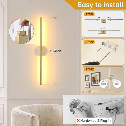 Battery Operated Wall Sconce Set of 2, 10000mAh Rechargeable Wall Sconces with Detachable Battery, Indoor 350°Rotate Wall Lights for Bedroom Living Room, Gold, 31.5 Inch