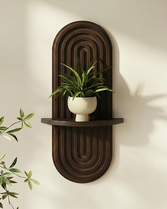 Bamworld Boho Wall Decor Brown Plant Wall Shelf, Mid Century Modern Decor Hanging Plant Shelf, 1-Tier Wooden Floating Shelves for Home, Bathroom Bedroom Living Room, Office Holding Planter