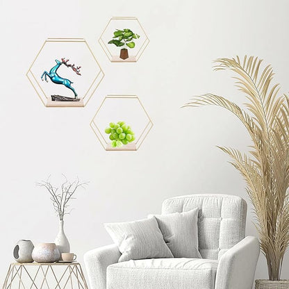 Wall Mounted Hexagon Floating Shelves, Metal Framed Gold Shelf with Wooden Floor Storage Shelves, Modern Wall Decor for Living Room, Bedroom, Kitchen, Office, Set of 3 Size ﻿