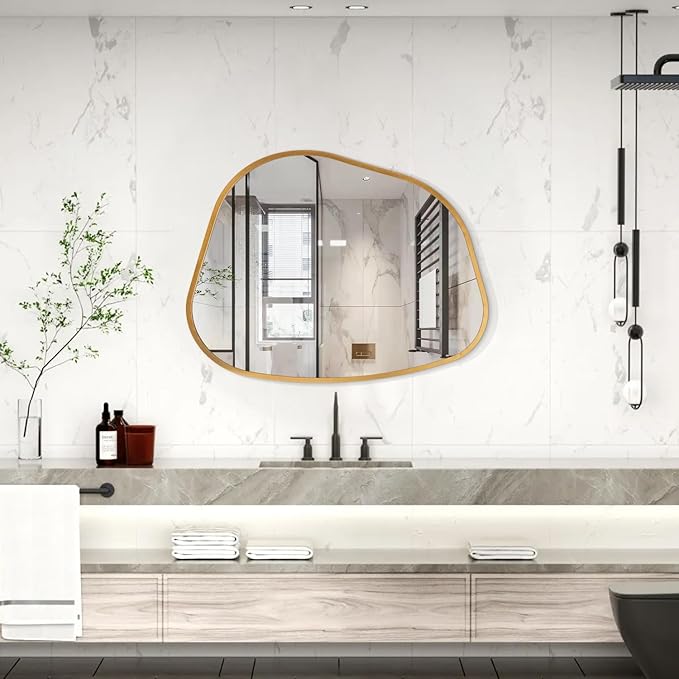 Irregular Wall Mirror, Asymmetrical Bathroom Mirror Decorative 18"x26" Gold Asymmetrical Mirrors Aviation Aluminum Alloy Frame for Bathroom, Living Room, Bedroom, Entryway