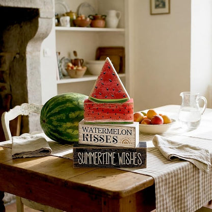 4 Pcs Summer Table Decor Wooden Watermelon Tiered Tray Decor Rustic Farmhouse Watermelon Block Signs Gifts Summer Tabletop Centerpieces for Home Kitchen Coffee Bar Decorations