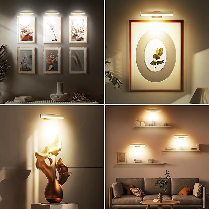6pcs Battery Operated Picture Light with 3 Lighting Color,Painting Light for Wall with Remote,Led for Art Indoor Poster Brightness Dimmable, Timer-Off Display Accent Light for Frame Gallery-Black