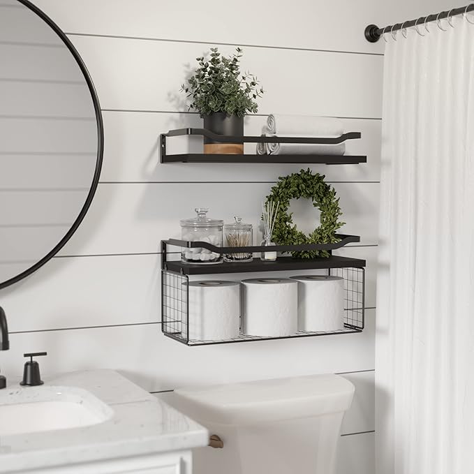 WOPITUES Floating Shelves with Wire Storage Basket, Bathroom Shelves Over Toilet with Protective Metal Guardrail, Wood Wall Shelves for Bathroom, Bedroom, Living Room, Toilet Paper-Black