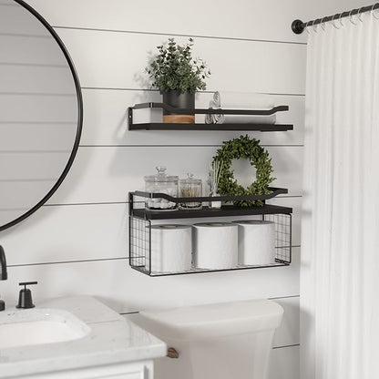 WOPITUES Floating Shelves with Wire Storage Basket, Bathroom Shelves Over Toilet with Protective Metal Guardrail, Wood Wall Shelves for Bathroom, Bedroom, Living Room, Toilet Paper-Black