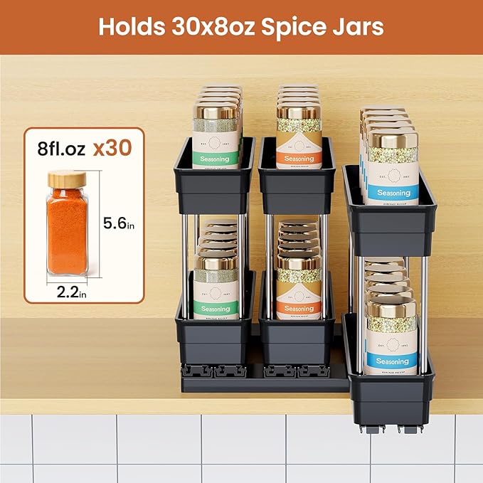 Pull Out Spice Rack Organizer for Cabinet, Slide Out Spice Racks Organizer, Easy to Install Spice Cabinet Organizers, 2.3''Wx10.66''Dx8.11''H, 3 Packs - 2 Tiers (Black)