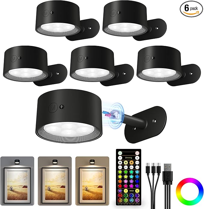 Picture Lights for Wall, 2000mAh Rechargeable Magnetic Art Lights with 3 Color Temps & RGB, Remote Dimmable Battery Operated Wall Light for Bedroom, Living Room, Gallery (Black, 6 Pack)