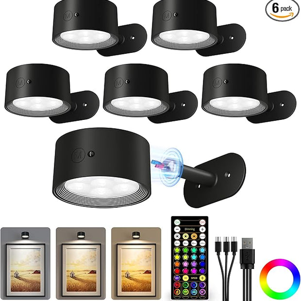 Picture Lights for Wall, 2000mAh Rechargeable Magnetic Art Lights with 3 Color Temps & RGB, Remote Dimmable Battery Operated Wall Light for Bedroom, Living Room, Gallery (Black, 6 Pack)