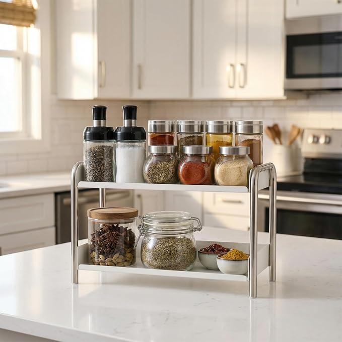MOZIMABOX Cabinet Organizer Shelf, 2 Tier Kitchen Spice Rack Countertop Shelf Organizer, Stainless Steel Kitchen Storage Countertop Storage Shelf Container, (L, White)