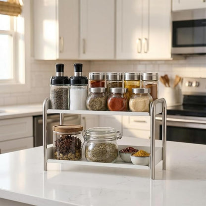 MOZIMABOX Cabinet Organizer Shelf, 2 Tier Kitchen Spice Rack Countertop Shelf Organizer, Stainless Steel Kitchen Storage Countertop Storage Shelf Container, (L, White)