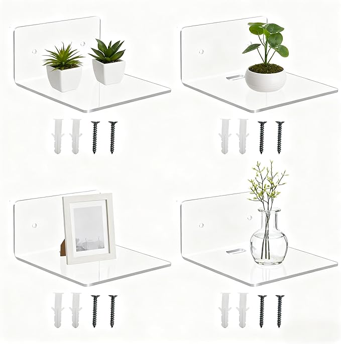 4 Pack Small Floating Shelves for Wall, 4'' Clear Acrylic Wall Shelf Display Ledges for Bedroom, Bathroom, Living Room & Office, Mini Storage Shelves Screw Installation
