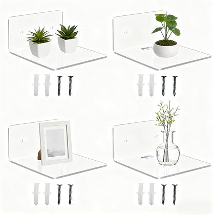 4 Pack Small Floating Shelves for Wall, 4'' Clear Acrylic Wall Shelf Display Ledges for Bedroom, Bathroom, Living Room & Office, Mini Storage Shelves Screw Installation