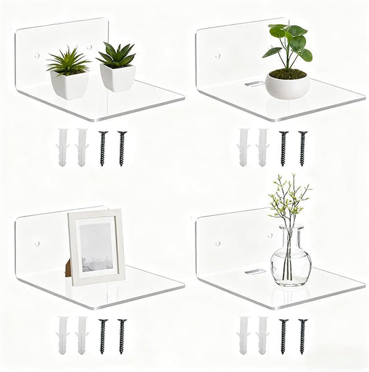 4 Pack Small Floating Shelves for Wall, 4'' Clear Acrylic Wall Shelf Display Ledges for Bedroom, Bathroom, Living Room & Office, Mini Storage Shelves Screw Installation