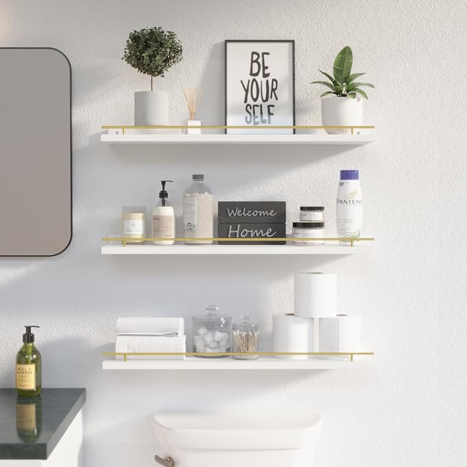 WOPITUES Floating Shelves 24 inch with Gold Metal Guardrail, Shelves for Wall Decor Set of 3, Wall Shelves for Bedroom, Bathroom, Kitchen, Living Room, Plants, Picture Frames, Art- White and Gold