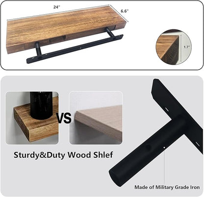 24 Inch Floating Shelves, Bathroom Wooden Shelves for Wall Mounted, Rustic Farmhouse Floating Shelves, Solid Wood Wall Shelves for Storage, Set of 2, Carbonized Black