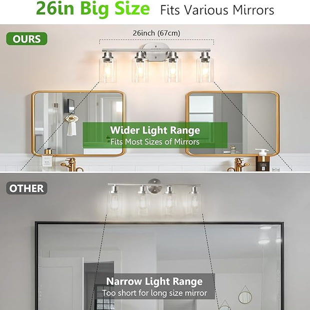 Ascher 4-Light Bathroom Light Fixtures, Modern Vanity Lights with Clear Glass Shade, Brushed Nickel Wall Lamp for Bathroom Mirror Hallway Cabinet Porch