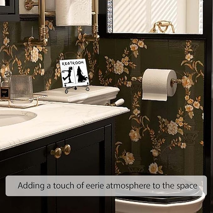 Halloween Bathroom Decor, Zombie Wooden Sign for Home Restroom Desk Shelf, Spooky Table Centerpieces for Washroom Accessories - A12