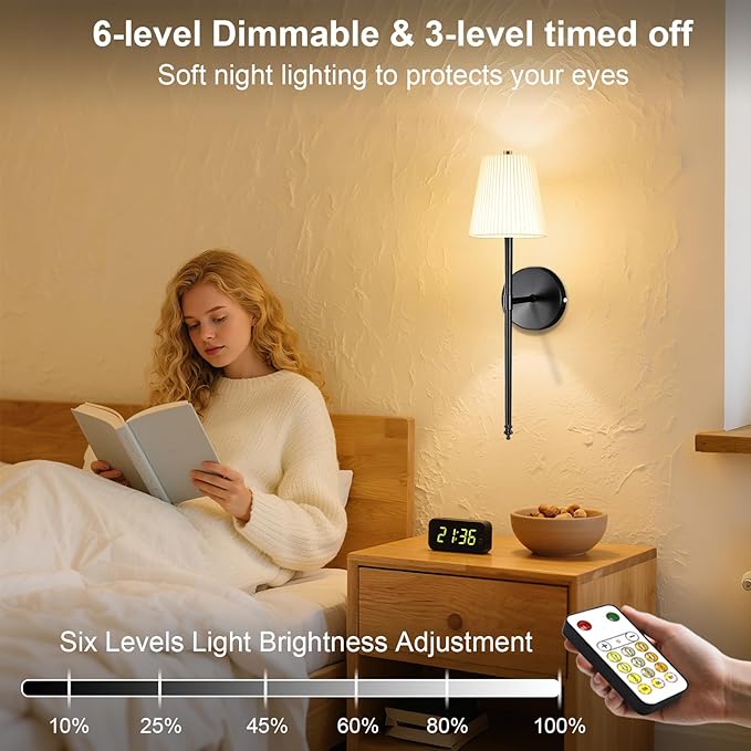 10,000mAh Rechargeable Battery Operated Wall Lights with Fabric Shade, Wireless Sconces with Remote and Touch Control, Dimmable 3 Color Temperature for Bedroom Living Room Hallway, Black 1PCS