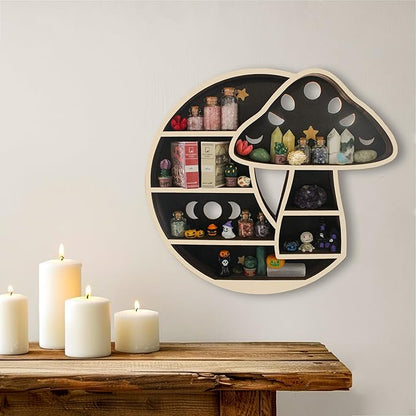 Cute Mushroom Decor, Wooden Mushroom Floating Shelves for Wall, Moon Shelf Wall Decor Crystal Rock Gem Stone Display Shelf, Trinket Knick Knack Shelf, Mushroom Gifts for Mushroom Lovers