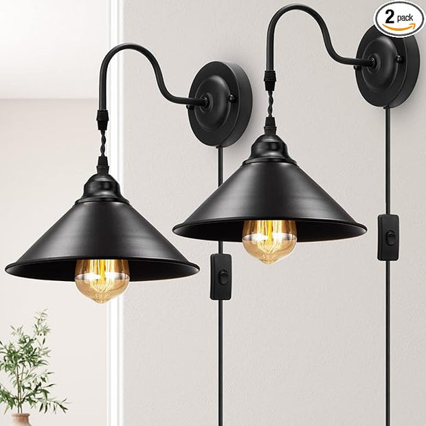 Plug in Wall Sconces, Vintage Plug in Wall Lamp Set of 2 with On/Off Switch, Metal Black Industrial Wall Mounted Light Fixture for Bedside Bedroom Indoor Doorway (Gooseneck Wall Lamp)