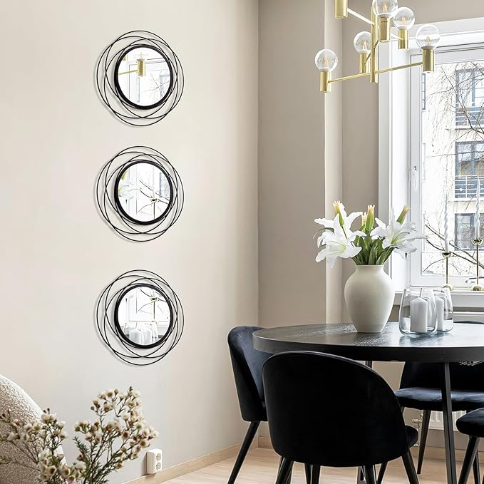 3 Set 9.5 Inch Black Circle Mirrors Wall Decor Iron Frame Wire Mirror Metal Circular Mirror Home Decor Hanging Mirrors for Room/Bedroom/Bathroom/Entryway