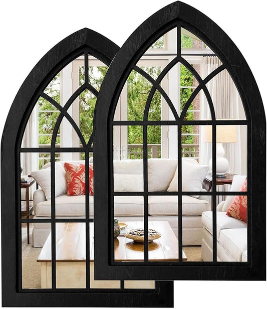 ZEXUIRU 2PCS Arched Window Wall Mirror,Rustic Farmhouse Accent Mirror, Wood Framed Entry Mirror for Living Room,Bathroom,Bedroom,Kitchen,15.5 * 9.8 Inch