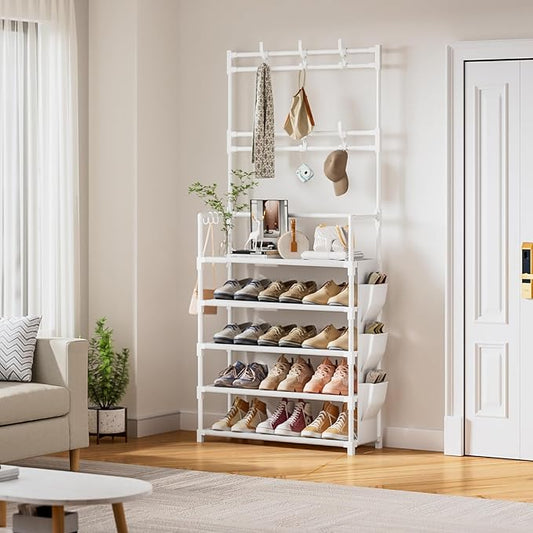 OYREL Shoe Rack 5 Tier Shoe Organizer Storage 15-20 Pairs Shoes Rack for Closet Entrance Shoe Rack Organizer with Hooks and Side Pocket Entryway Shoe Holder Space Saving Free Standing Shoe Racks