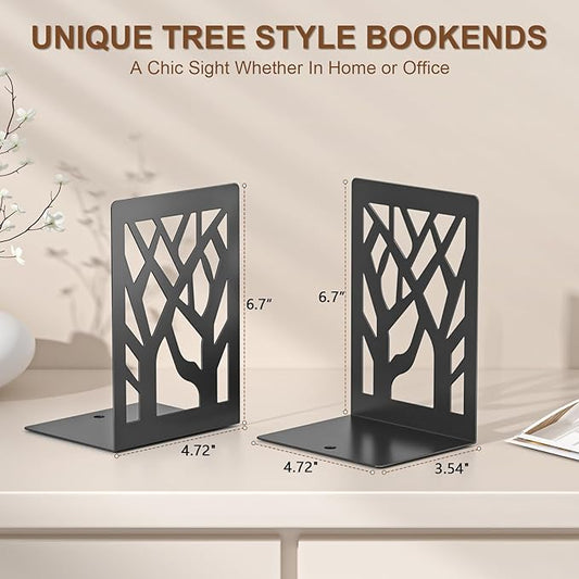 VFINE 8-Piece Metal Bookends for Shelves, Black Tree Book Ends for Books, Decorative Desk Book Organizer, Non-Skid Shelve Bookends for Home Office Shcool Supplies