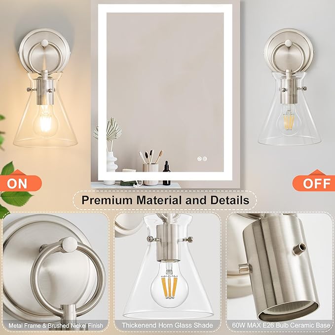 Wall Sconces 2 Pack Modern Vanity Light Fixtures for Bathroom Nickel Wall Mount Lighting Lamp Hardwired Farmhouse Wall Lights with 6 Inch Clear Glass Shade for Bedroom Living Room Mirror