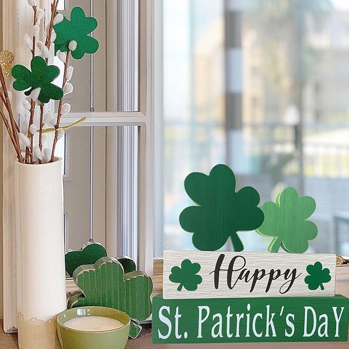 Happy St. Patrick's Day Table Decor Shamrock Home Office Wooden Table Top Decor Centerpiece Decorations for Tiered Trays Shelf Coffee Bar Mantle Windowsill