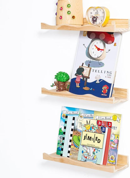 AZSKY Floating Bookshelf for Kids, Cloud Picture Ledge Shelf - Natural 15.7 Inches, Nursery Book Shelves Set of 3, Floating Shelves Baby & Toddler Room Decor
