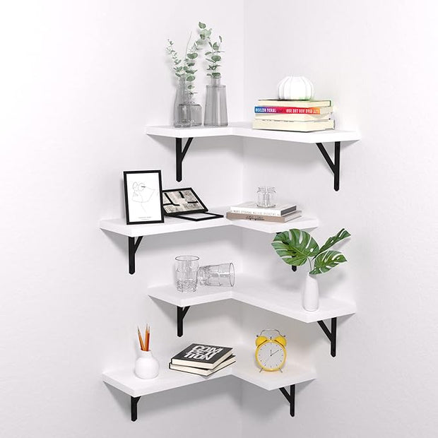 NATURE'S SOURCE Corner Floating Shelves Set of 4, Corner Shelves Wall Mounted, for Bedroom Kitchen Living Room Bathroom Office- Modern Style (White, Set of 4)