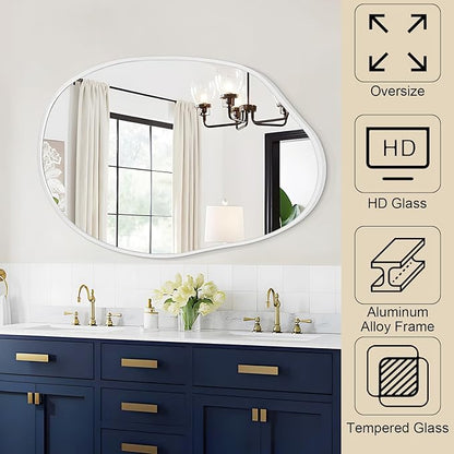 Large Asymmetrical Wall Mirror Aluminum Alloy Frame Irregular Bathroom Mirrors Brushed Metal Vanity Wall Mounted Mirror for LivingRoom Bedroom Entryway Room Home Decor White 26"x37.5"