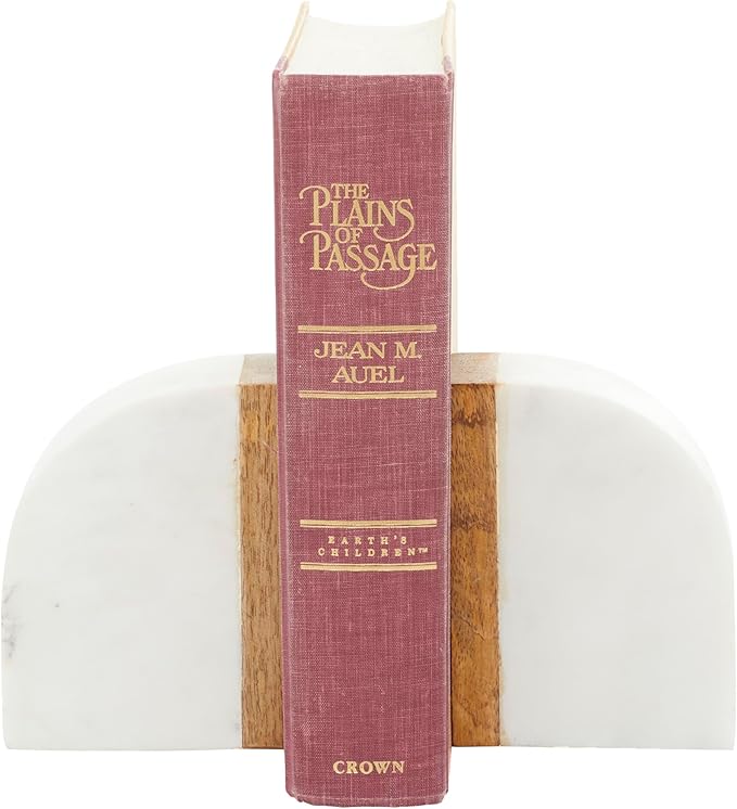 Deco 79 Marble Decorative Bookends 5 lbs Non Skid Bookends with Wood Details, Set of 2 Office Bookends4"W, 5"H, White