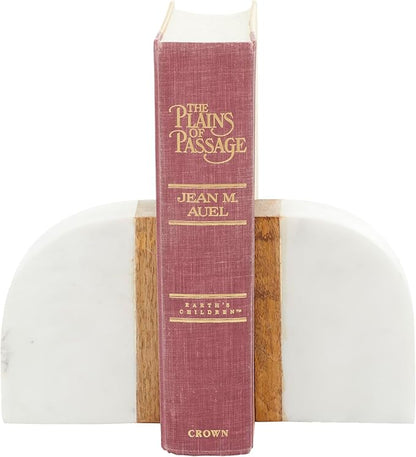 Deco 79 Marble Decorative Bookends 5 lbs Non Skid Bookends with Wood Details, Set of 2 Office Bookends4"W, 5"H, White